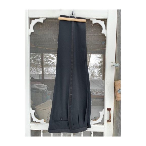 Pronto Uomo Platinum Black Trousers Pleat Front Satin Stripe Tuxedo 100% Wool 38 - Picture 4 of 6